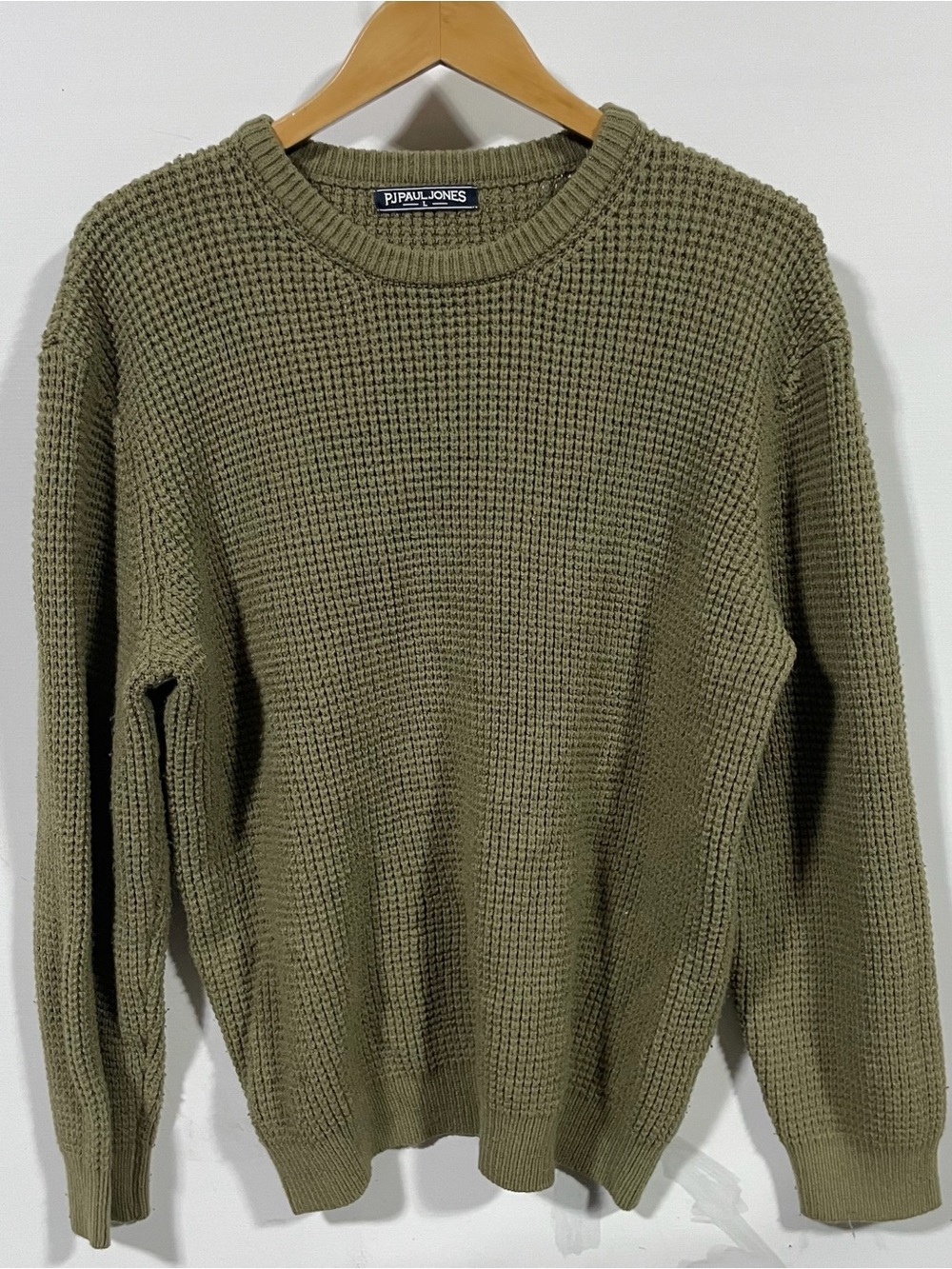 PJ Paul Jones Olive Green Waffle Knit Crewneck Sweater - Men